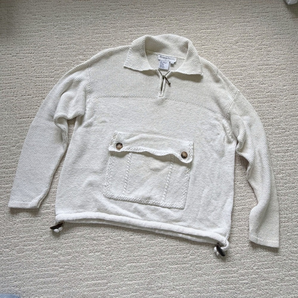 Robert Scott Petites Linen Cotton Quarter Zip Sweater White Pocket PM Nautical